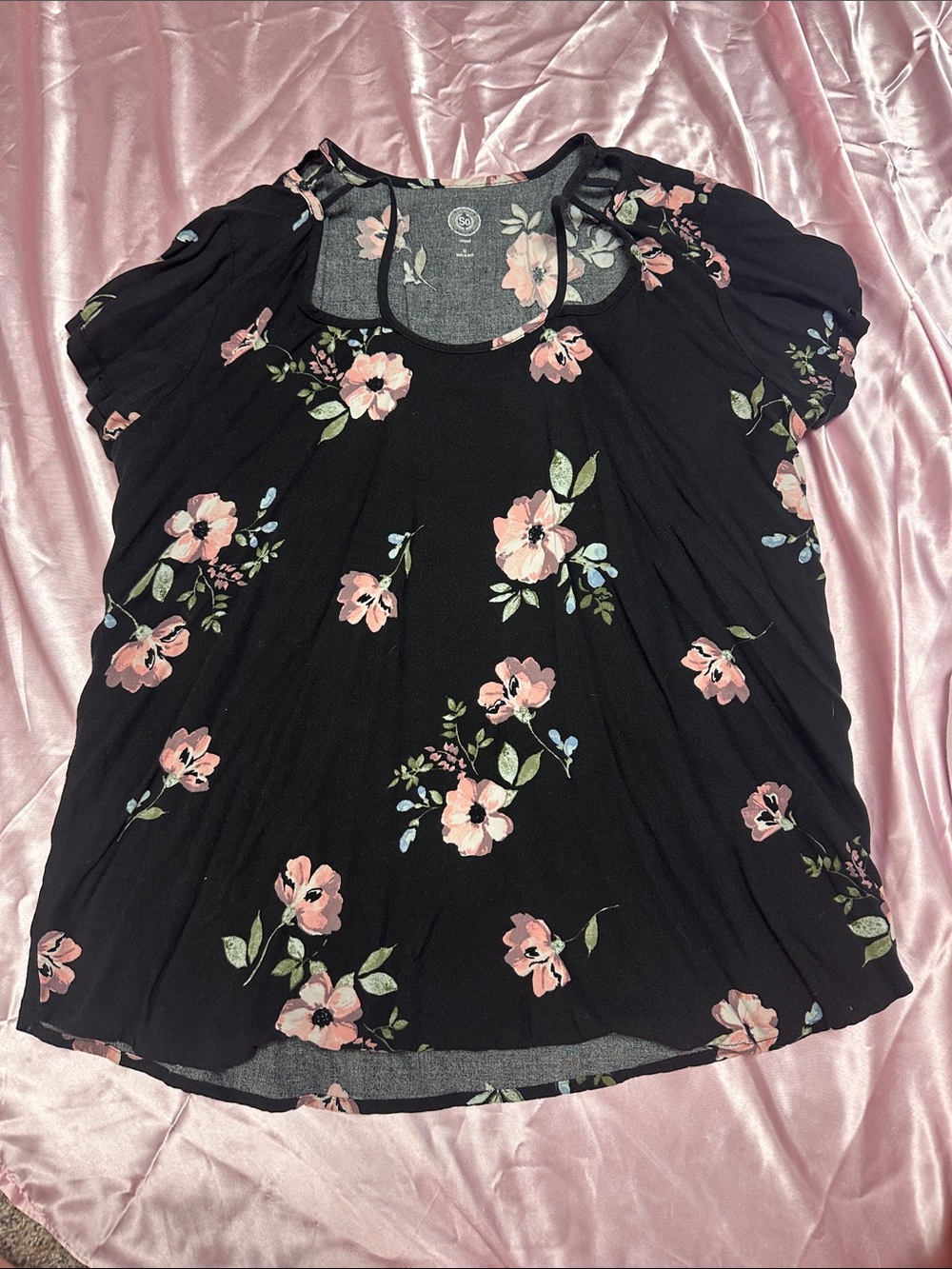 Heritage Black Scoop Neck Top with Pink Floral Print